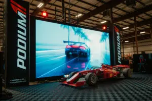 LED wall in Podium One Racing warehouse